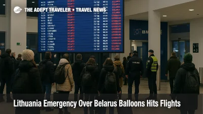 Travelers watch a departures board at Vilnius as Lithuania Belarus balloons flights disruption causes delays during the state of emergency