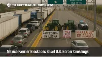 Long lines of trucks and cars at the Ysleta Zaragoza bridge during Mexico farmer blockades border crossings, highlighting heavy delays for travelers near Ciudad Juárez and El Paso.