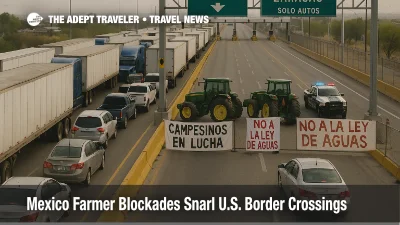 Long lines of trucks and cars at the Ysleta Zaragoza bridge during Mexico farmer blockades border crossings, highlighting heavy delays for travelers near Ciudad Juárez and El Paso.