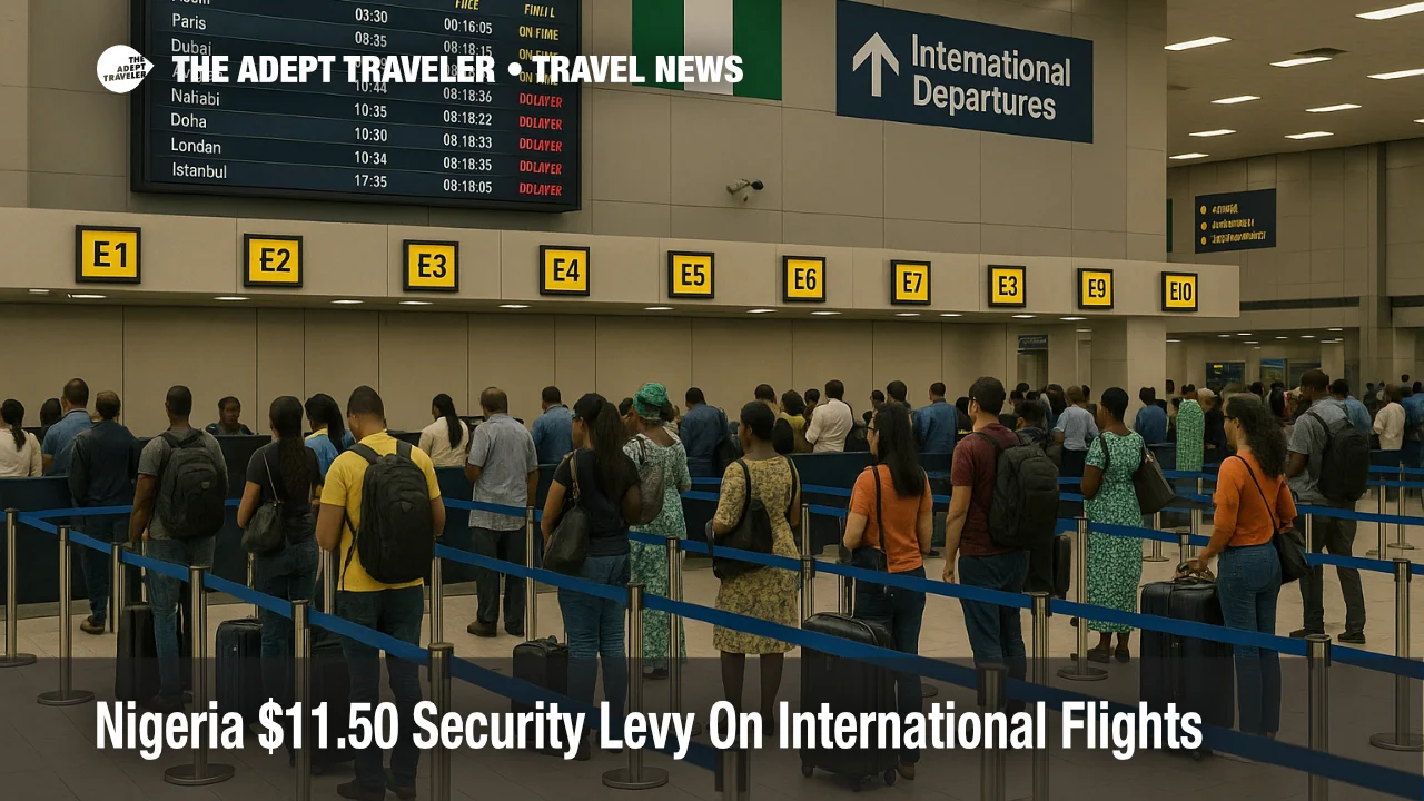Travellers queue at Lagos airport check in as the Nigeria security levy international flights policy adds a new APIS fee to international tickets from December 2025