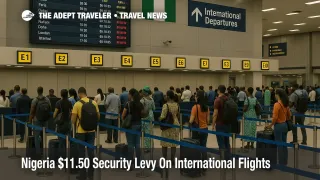 Travellers queue at Lagos airport check in as the Nigeria security levy international flights policy adds a new APIS fee to international tickets from December 2025