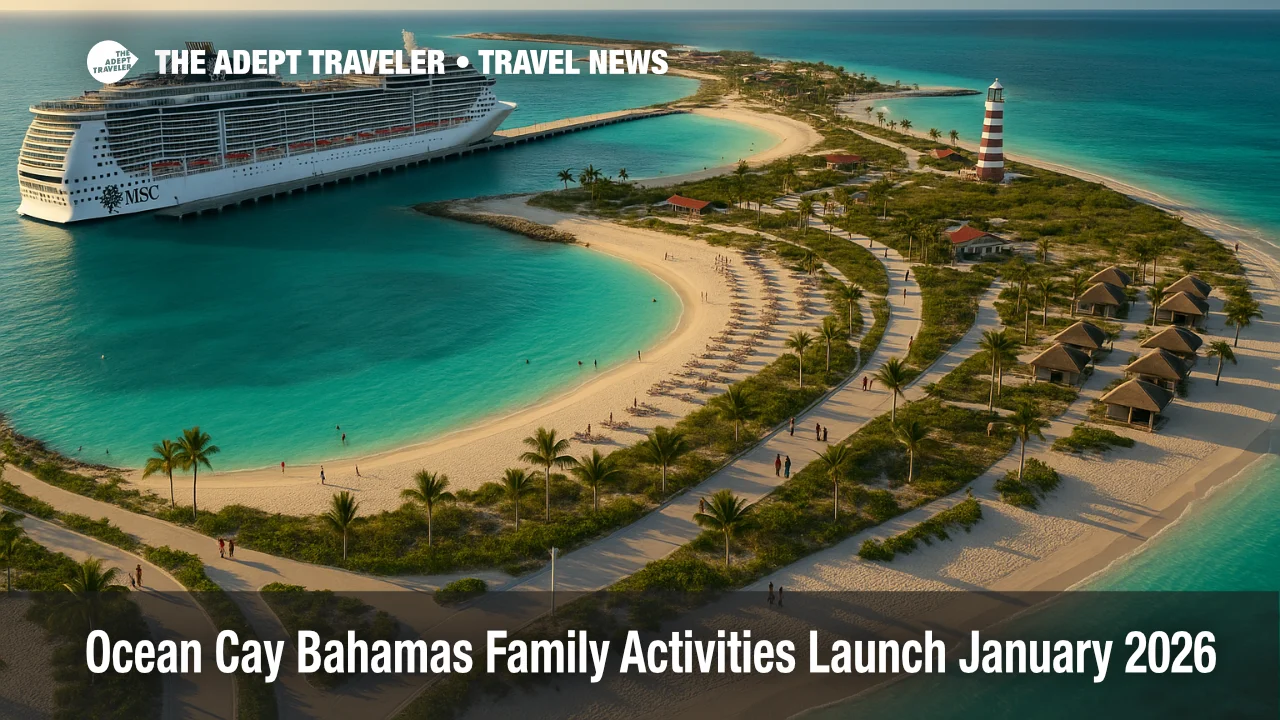 Aerial view of new Ocean Cay family activities on MSCs private island in The Bahamas with beaches, lagoon, and a docked cruise ship.