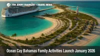 Aerial view of new Ocean Cay family activities on MSCs private island in The Bahamas with beaches, lagoon, and a docked cruise ship.