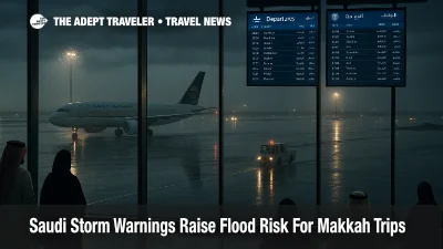 Heavy rain floods access roads at King Abdulaziz Airport in Jeddah as Saudi storm warnings disrupt Makkah travel.