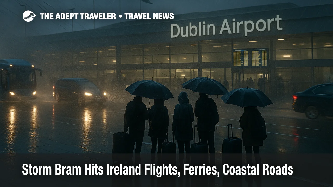 Travellers at Dublin Airport check boards as Storm Bram Ireland flights cancellations cause queues and wet tarmac outside