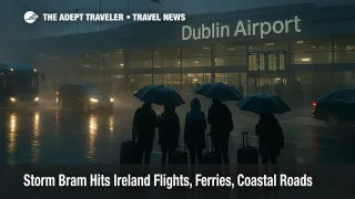 Travellers at Dublin Airport check boards as Storm Bram Ireland flights cancellations cause queues and wet tarmac outside