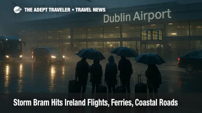 Travellers at Dublin Airport check boards as Storm Bram Ireland flights cancellations cause queues and wet tarmac outside