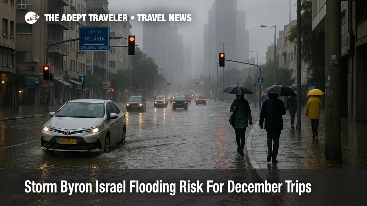 Travelers cross a flooded Tel Aviv street as Storm Byron Israel flooding disrupts trips and slows transfers to Ben Gurion.