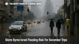 Travelers cross a flooded Tel Aviv street as Storm Byron Israel flooding disrupts trips and slows transfers to Ben Gurion.