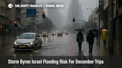 Travelers cross a flooded Tel Aviv street as Storm Byron Israel flooding disrupts trips and slows transfers to Ben Gurion.