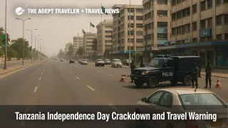 Police checkpoint on a quiet Dar es Salaam avenue during the Tanzania Independence Day travel warning as traffic thins under a visible security lockdown