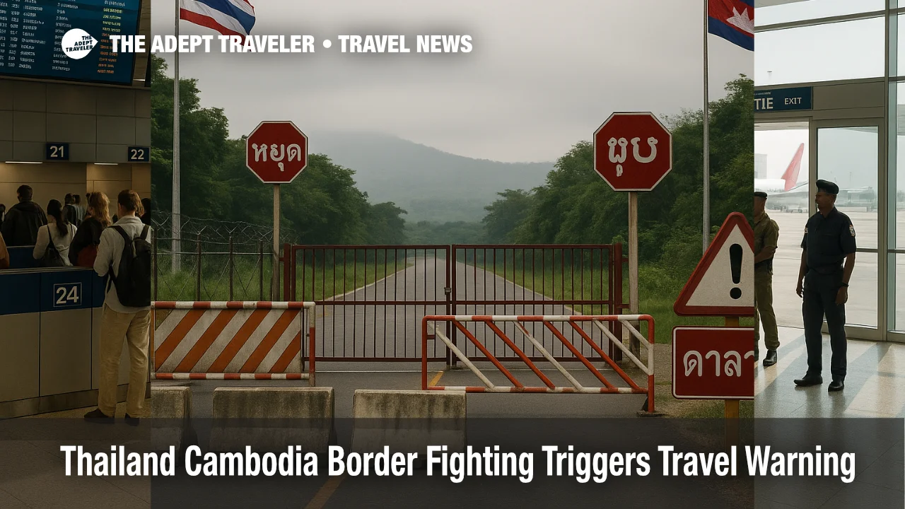 Closed checkpoint on the Thailand Cambodia frontier illustrates the Thailand Cambodia border travel warning and shows barriers blocking all civilian road traffic.