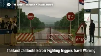 Closed checkpoint on the Thailand Cambodia frontier illustrates the Thailand Cambodia border travel warning and shows barriers blocking all civilian road traffic.