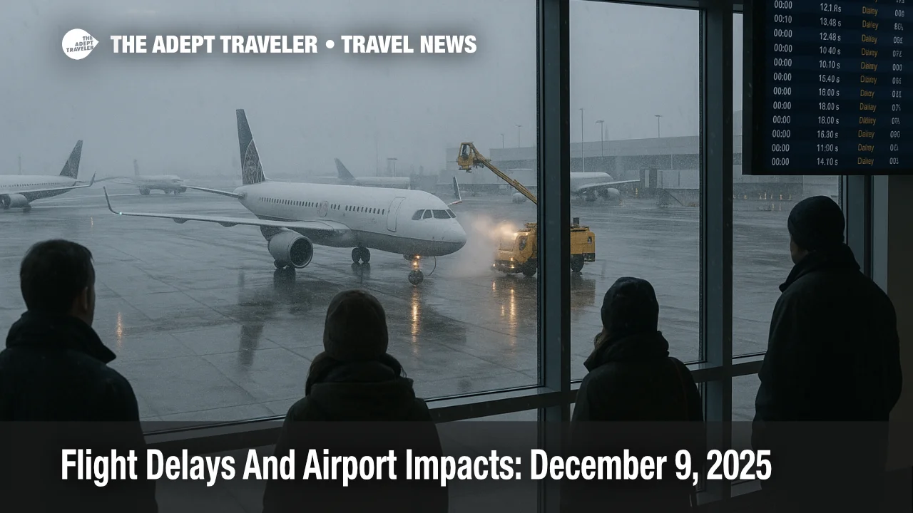 Passengers watch snowy ramps at Chicago O'Hare as US flight delays December 9 2025 build from wind snow and low clouds across major hubs.