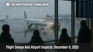 Passengers watch snowy ramps at Chicago O'Hare as US flight delays December 9 2025 build from wind snow and low clouds across major hubs.