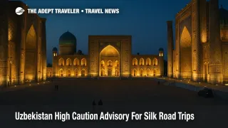 Evening view of Registan Square in Samarkand under an Uzbekistan high caution travel advisory, with historic facades lit and few visitors crossing the plaza.