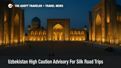 Evening view of Registan Square in Samarkand under an Uzbekistan high caution travel advisory, with historic facades lit and few visitors crossing the plaza.