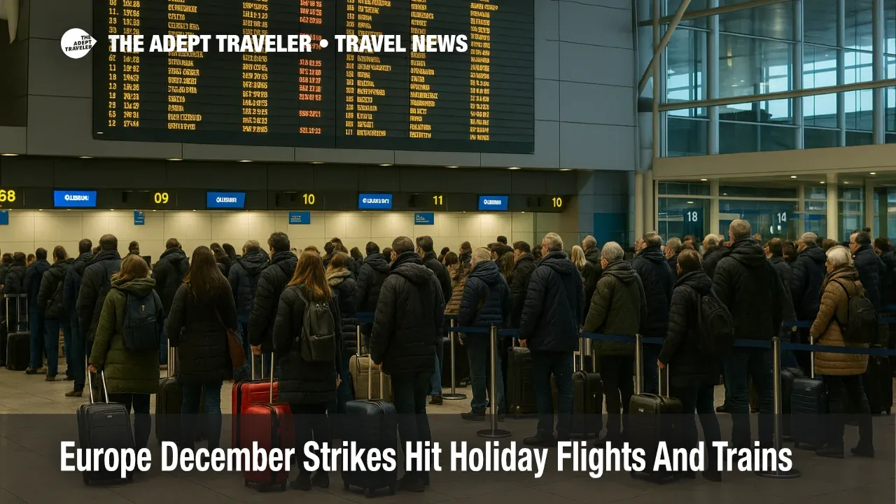 Travellers queue under the departures board at Lisbon Airport during Europe December strikes flights trains disruptions to holiday journeys