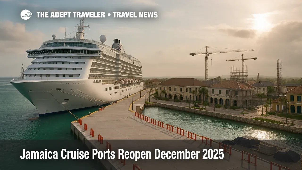 Wide view of Jamaica cruise ports reopen scene in Falmouth, showing a docked ship, repaired pier, cranes and light construction activity along the waterfront.