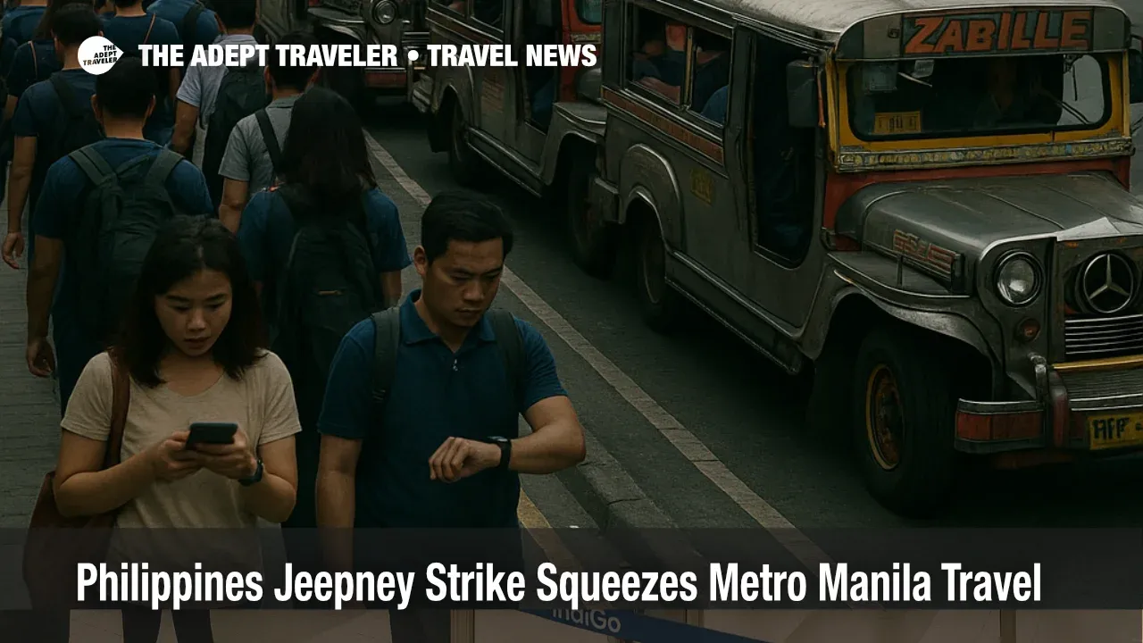 Commuters queue beside jeepneys in Metro Manila during a Philippines jeepney strike that disrupts normal public transport routes and airport access