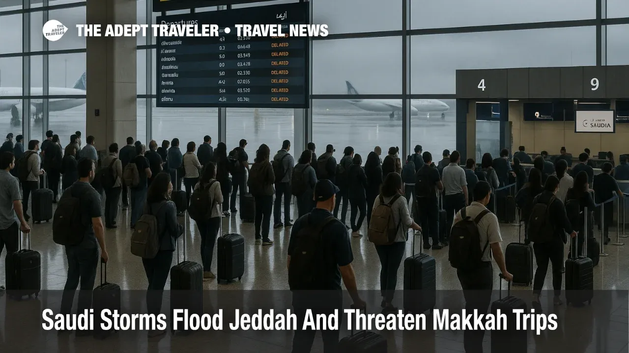 Travelers queue at Jeddah airport as Jeddah flooding Makkah travel causes weather related flight delays and wet taxiways.