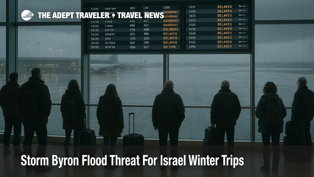 Travelers watch departure boards at Ben Gurion Airport as Storm Byron Israel winter trips face delays from heavy rain and flooding