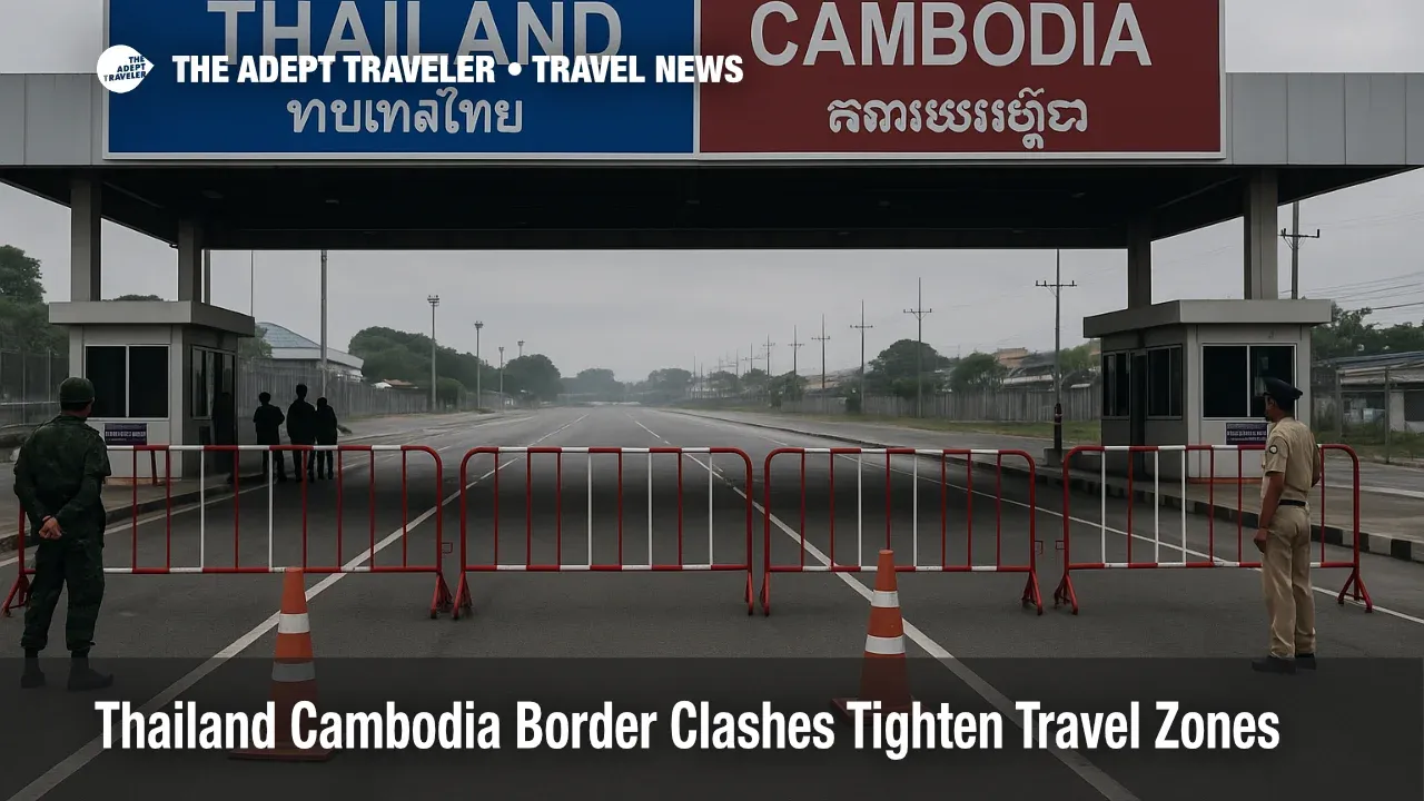 Closed Thailand Cambodia border checkpoint with barriers illustrates Thailand Cambodia border travel warning for no go zone