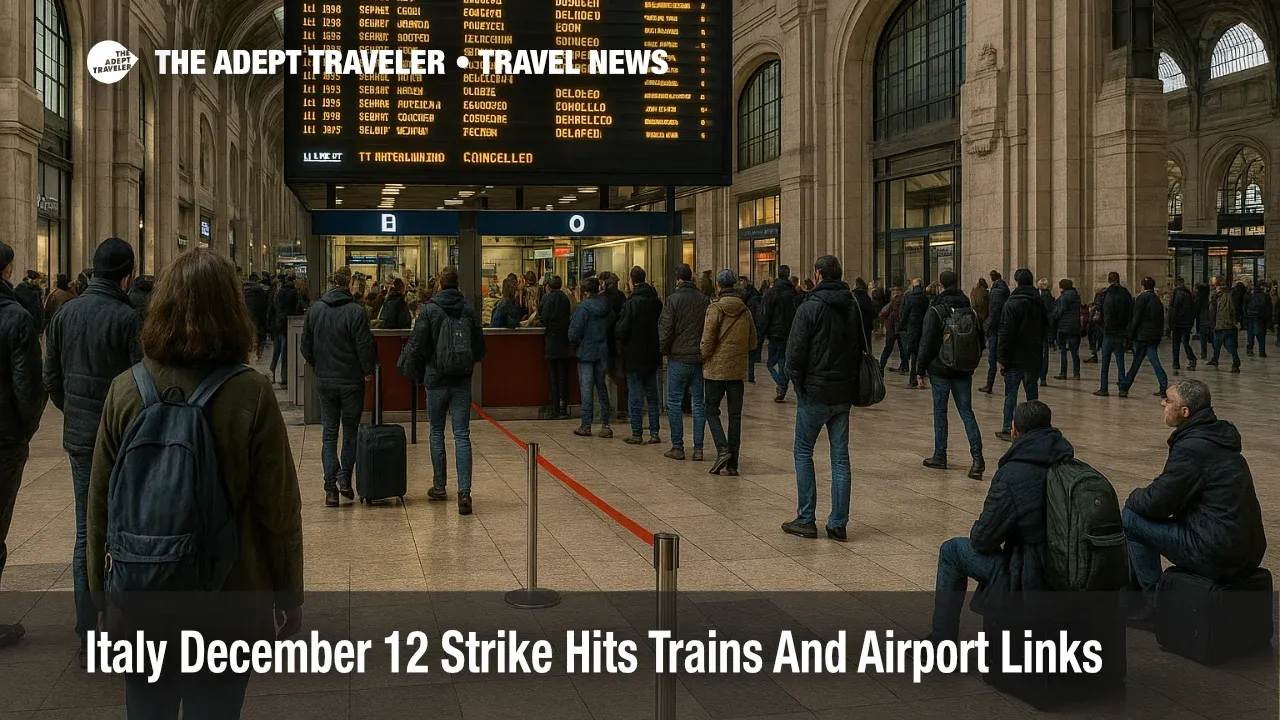Travelers at Milano Centrale watch a departures board showing delays during the Italy December 12 general strike transport disruption
