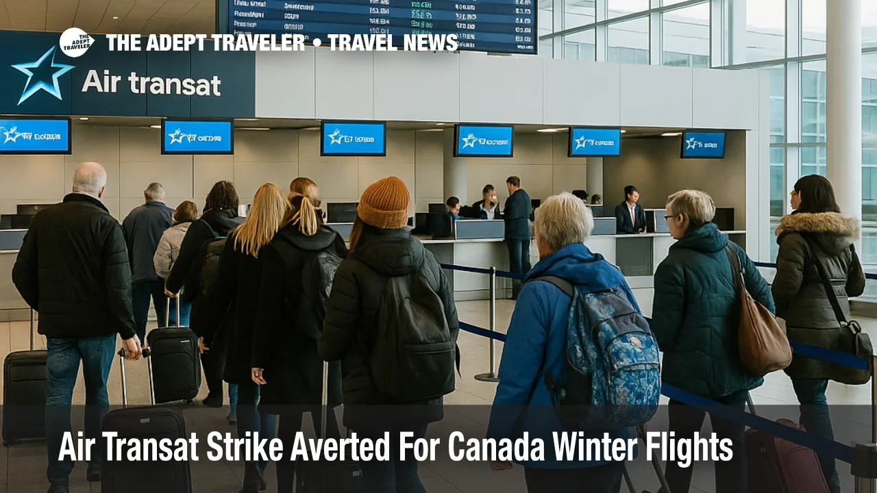 Travelers queue at Montreal Trudeau airport check in as the Air Transat strike averted allows Canada winter flights to resume with some schedule changes
