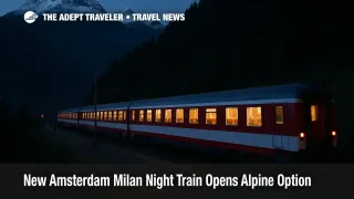 Overnight Amsterdam to Milan night train crossing the Swiss Alps near Brig with snow capped peaks and lit coaches on a curving mountainside track.