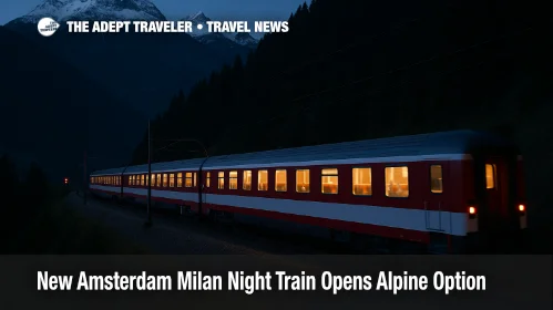 Overnight Amsterdam to Milan night train crossing the Swiss Alps near Brig with snow capped peaks and lit coaches on a curving mountainside track.