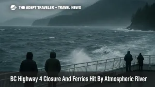 BC Highway 4 closure ferries scene with a BC Ferries vessel battling rough winter seas near Vancouver Island during an atmospheric river storm