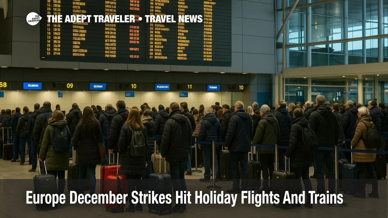 Travellers queue under the departures board at Lisbon Airport during Europe December strikes flights trains disruptions to holiday journeys