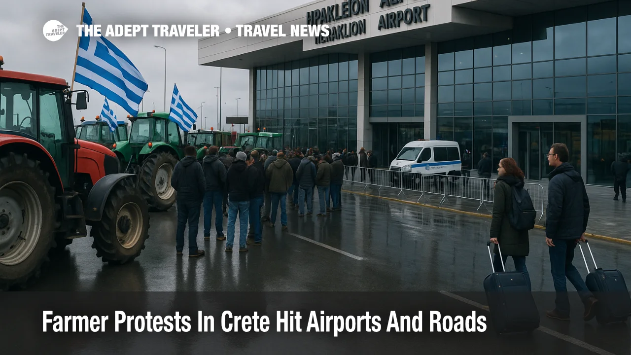 Tractors and farmers block access roads at Heraklion as Crete farmer protests airports disrupt winter flights and transfers for Greece travelers