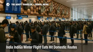 India IndiGo winter flight cuts strain travelers as passengers queue at Delhi's Indira Gandhi International Airport concourse.