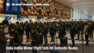 India IndiGo winter flight cuts strain travelers as passengers queue at Delhi's Indira Gandhi International Airport concourse.
