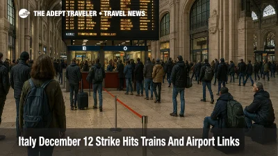 Travelers at Milano Centrale watch a departures board showing delays during the Italy December 12 general strike transport disruption