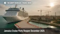 Wide view of Jamaica cruise ports reopen scene in Falmouth, showing a docked ship, repaired pier, cranes and light construction activity along the waterfront.