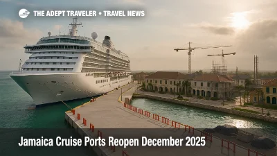 Wide view of Jamaica cruise ports reopen scene in Falmouth, showing a docked ship, repaired pier, cranes and light construction activity along the waterfront.