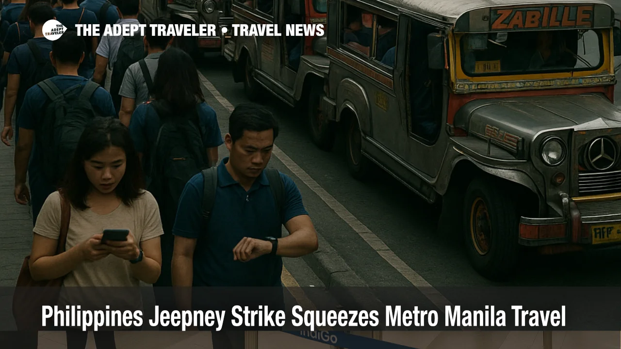 Commuters queue beside jeepneys in Metro Manila during a Philippines jeepney strike that disrupts normal public transport routes and airport access