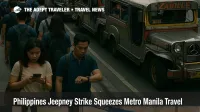 Commuters queue beside jeepneys in Metro Manila during a Philippines jeepney strike that disrupts normal public transport routes and airport access
