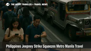 Commuters queue beside jeepneys in Metro Manila during a Philippines jeepney strike that disrupts normal public transport routes and airport access