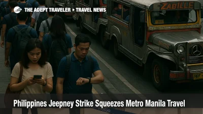 Commuters queue beside jeepneys in Metro Manila during a Philippines jeepney strike that disrupts normal public transport routes and airport access