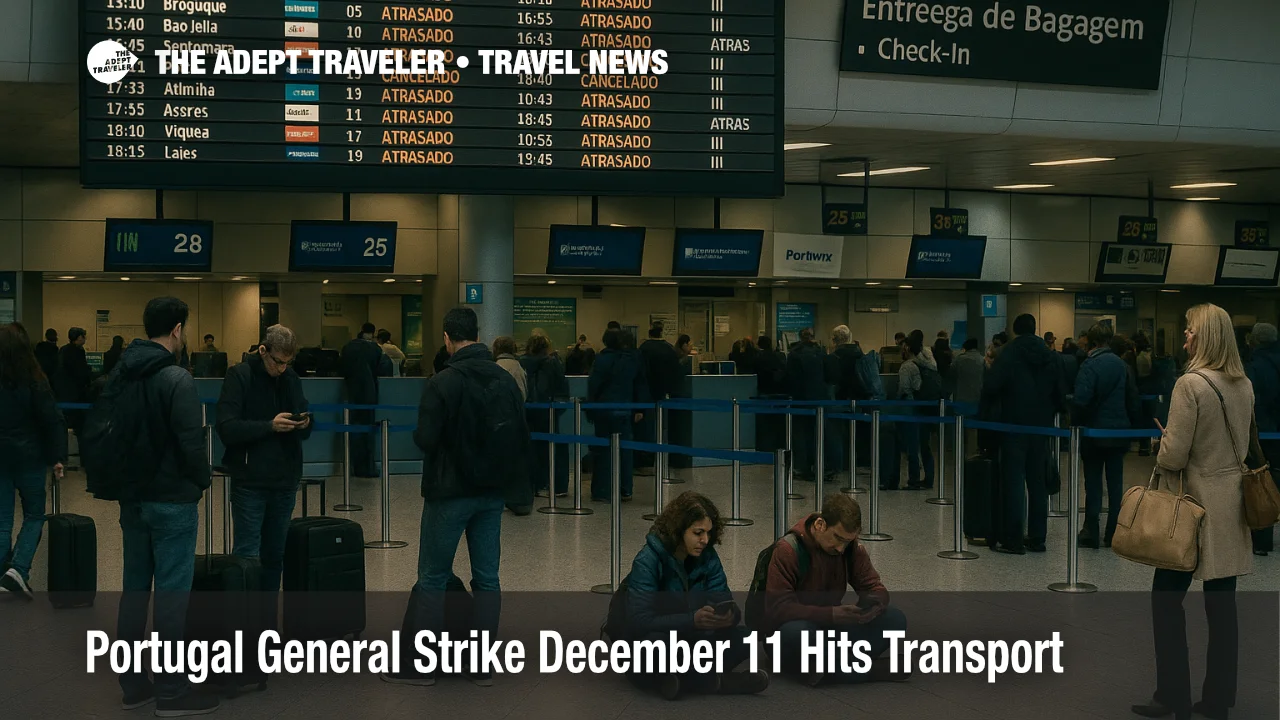 Travelers check Lisbon airport departure boards during the Portugal general strike transport disruption on December 11, 2025.