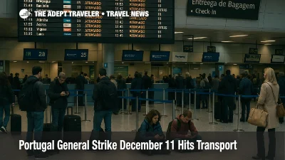 Travelers check Lisbon airport departure boards during the Portugal general strike transport disruption on December 11, 2025.