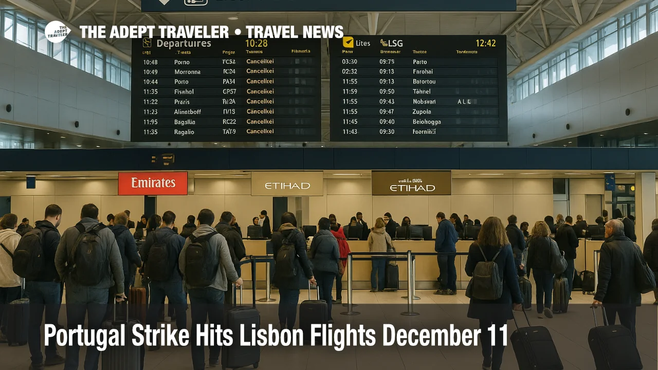 Passengers queue under departure boards at Lisbon airport as the Portugal strike hits Lisbon flights and cancels departures