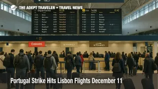 Passengers queue under departure boards at Lisbon airport as the Portugal strike hits Lisbon flights and cancels departures