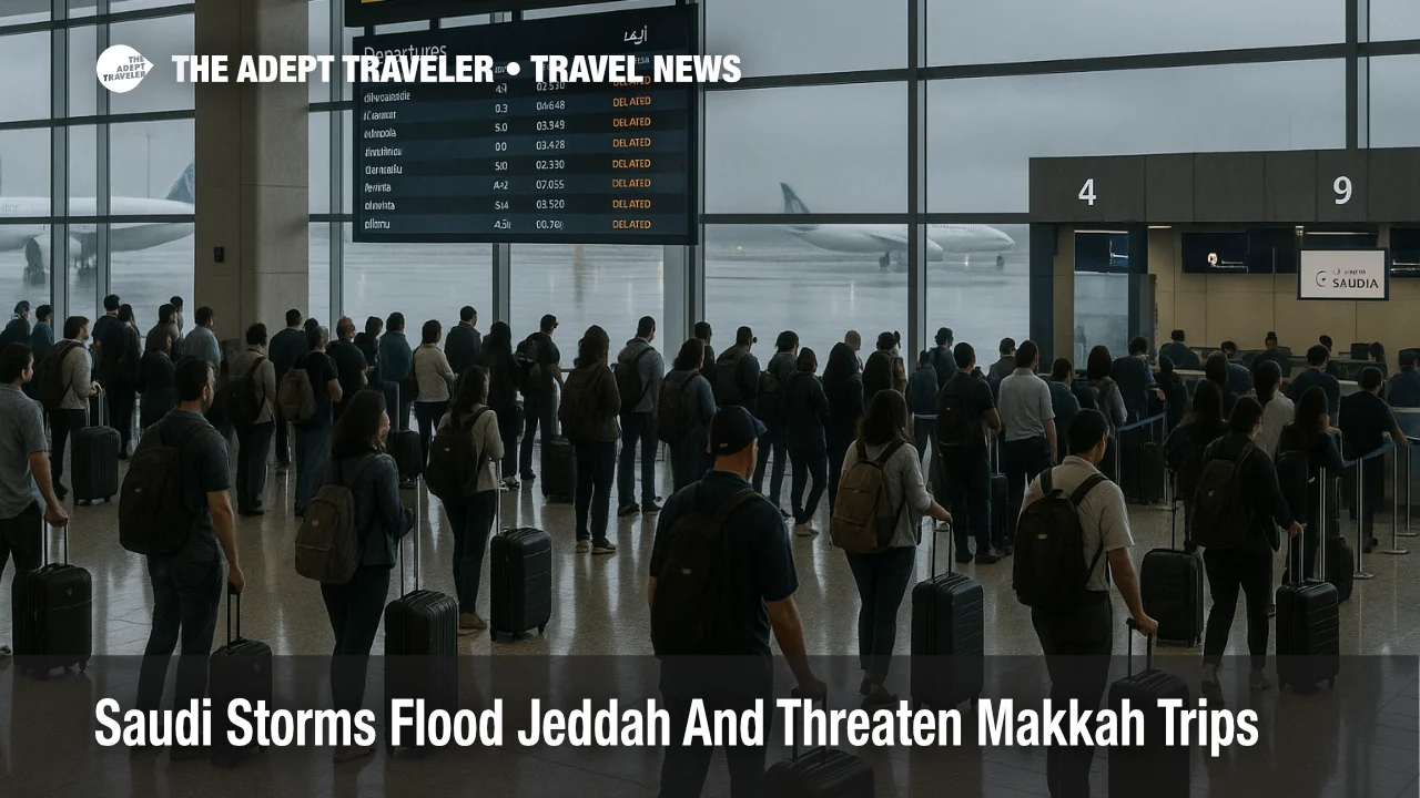 Travelers queue at Jeddah airport as Jeddah flooding Makkah travel causes weather related flight delays and wet taxiways.
