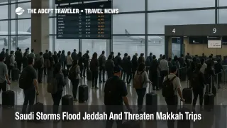 Travelers queue at Jeddah airport as Jeddah flooding Makkah travel causes weather related flight delays and wet taxiways.