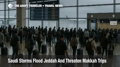 Travelers queue at Jeddah airport as Jeddah flooding Makkah travel causes weather related flight delays and wet taxiways.